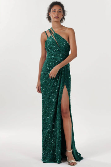 Sheath One-Shoulder Sleeveless Velvet Sequin Ruched Evening Dress With Sweep-Brush Train