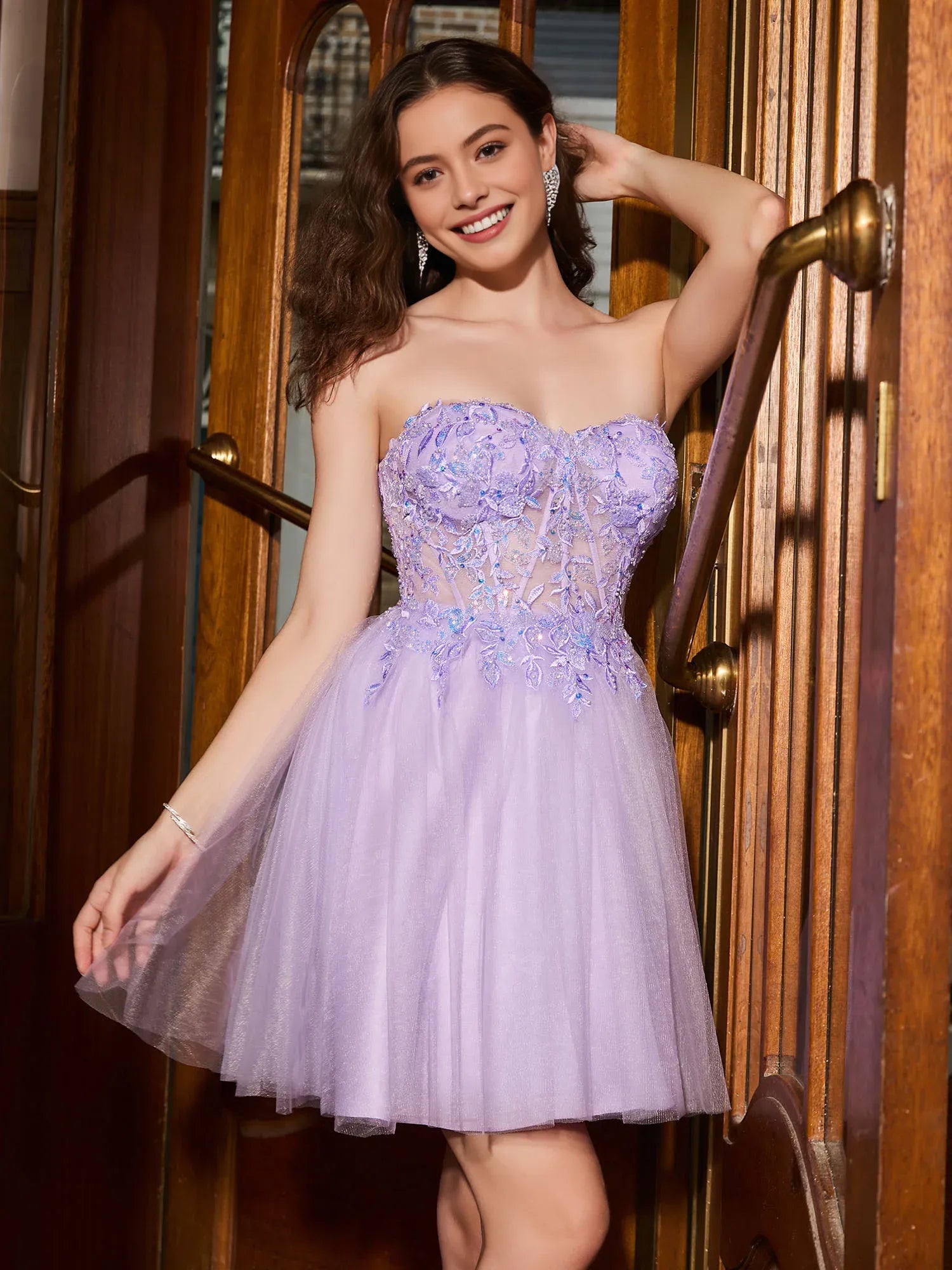 A-line Sheer Corset Sweetheart Strapless Sleeveless Tulle Mini Beaded Lace Homecoming Dress