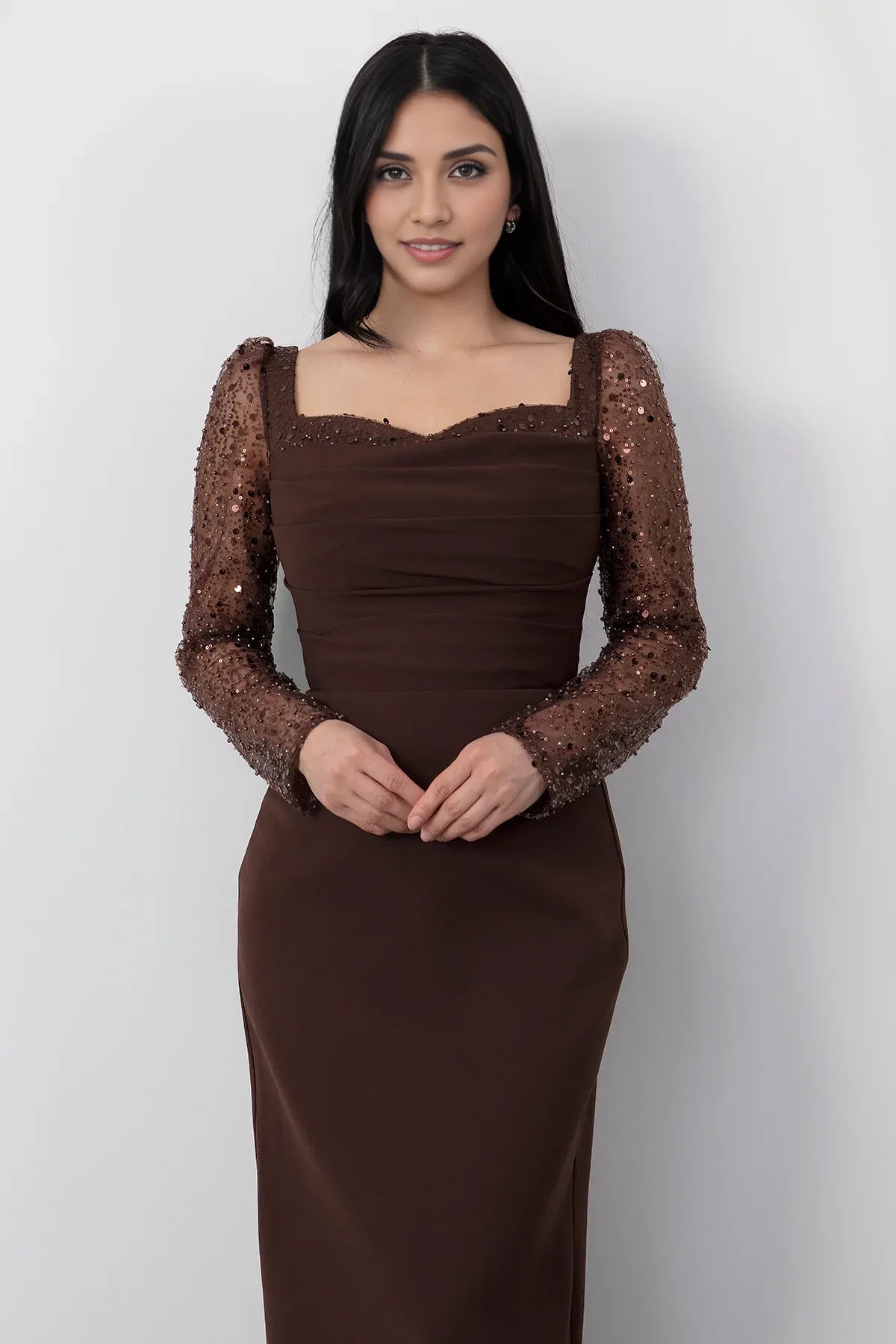 Sophisticated Sheath Square Neck Long Sleeve Sequin Mesh Formal Evening Dress