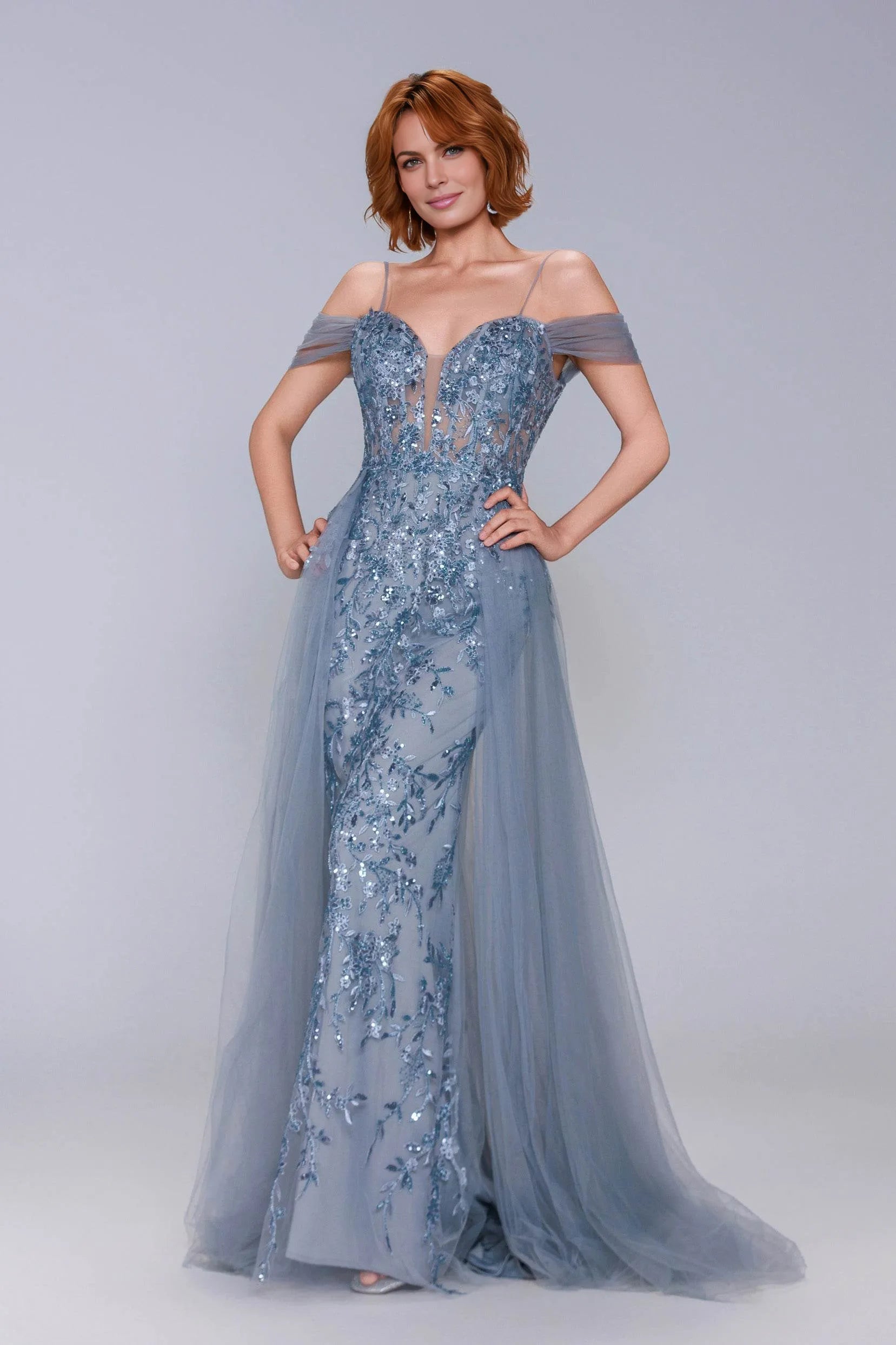 Radiant Mermaid Plunge Neck Off-Shoulder Tulle Appliqué Evening Gown