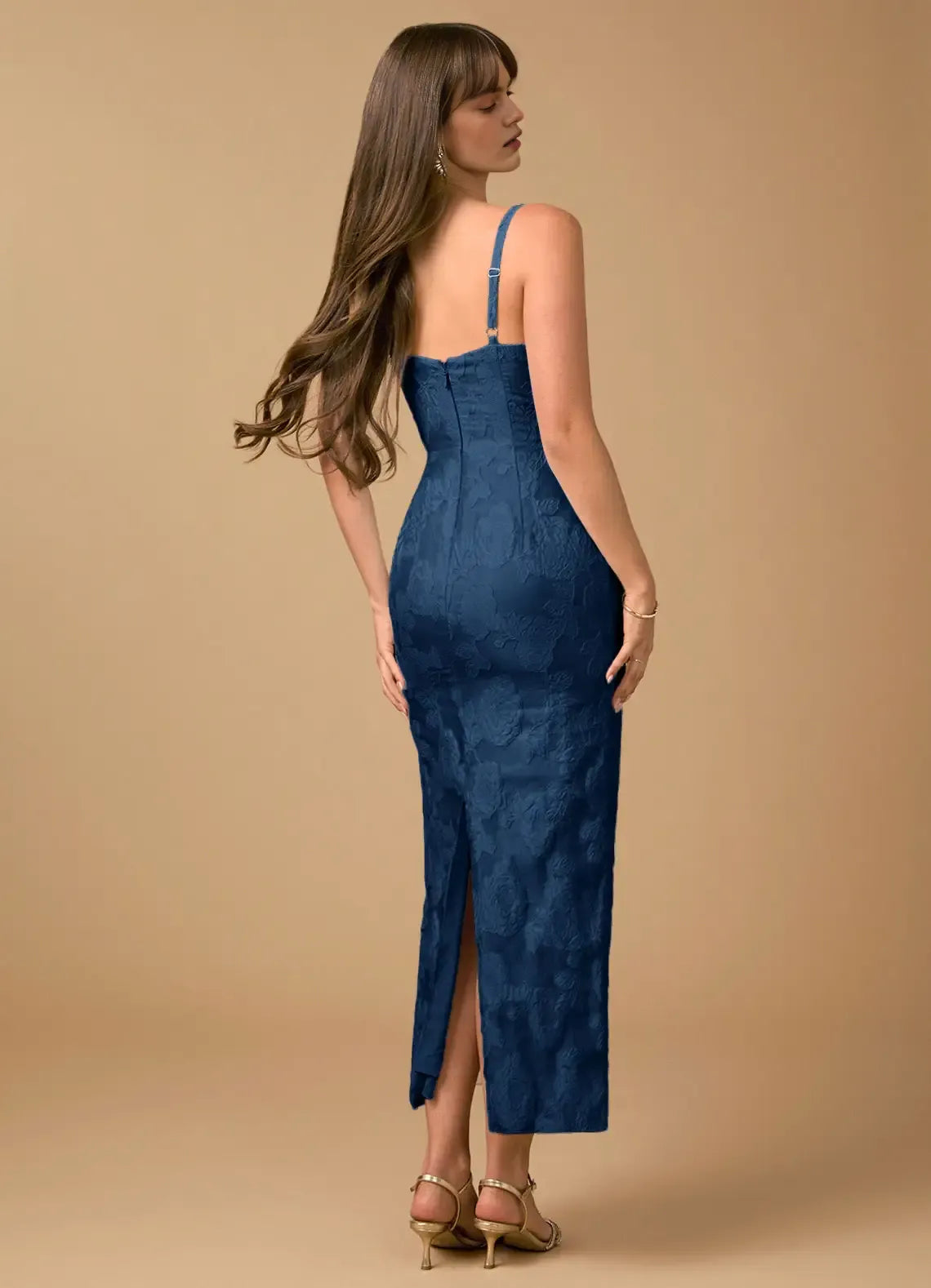 Sleek Sheath Mermaid Spaghetti Strap Jacquard Midi Back Slit Formal Evening Dress