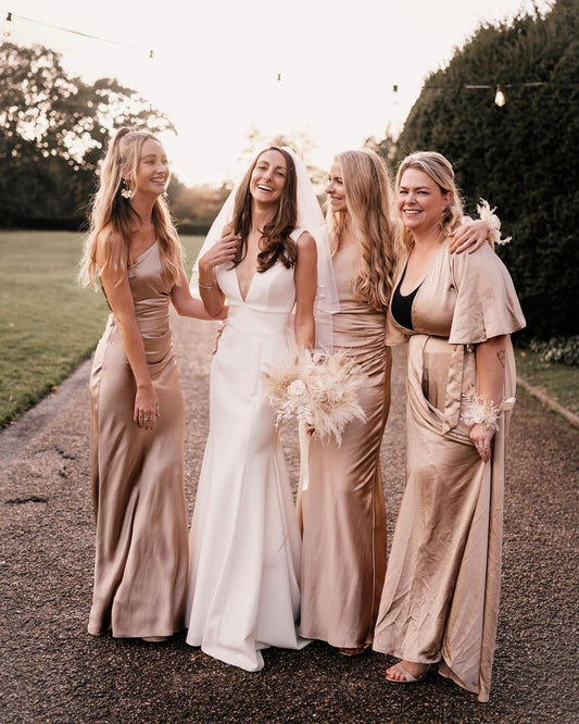 Elegant V-Neck Wrap Dress with Cape Sleeves High Slit Gown Bridesmaid Dresses Asymmetric Hem