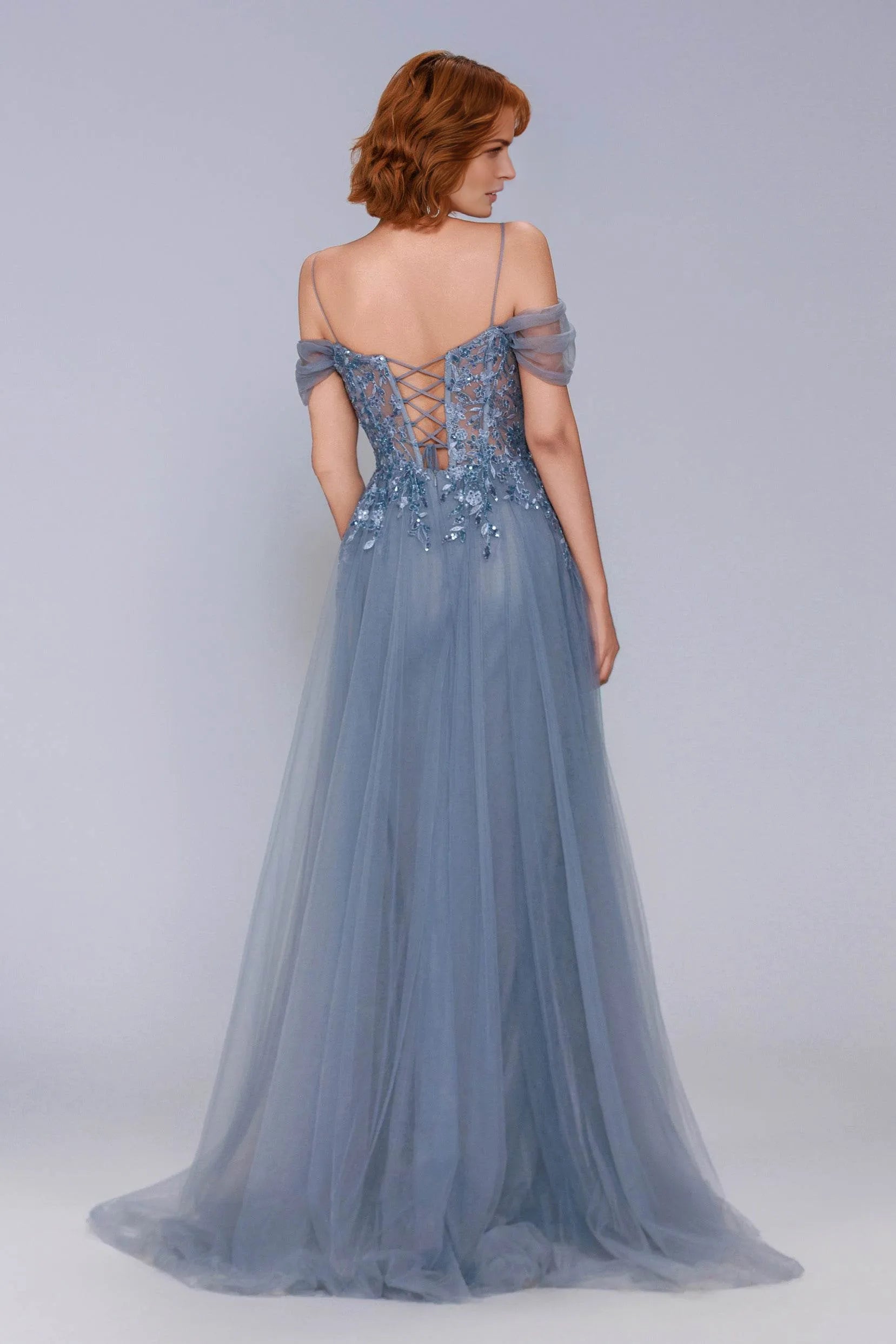 Radiant Mermaid Plunge Neck Off-Shoulder Tulle Appliqué Evening Gown