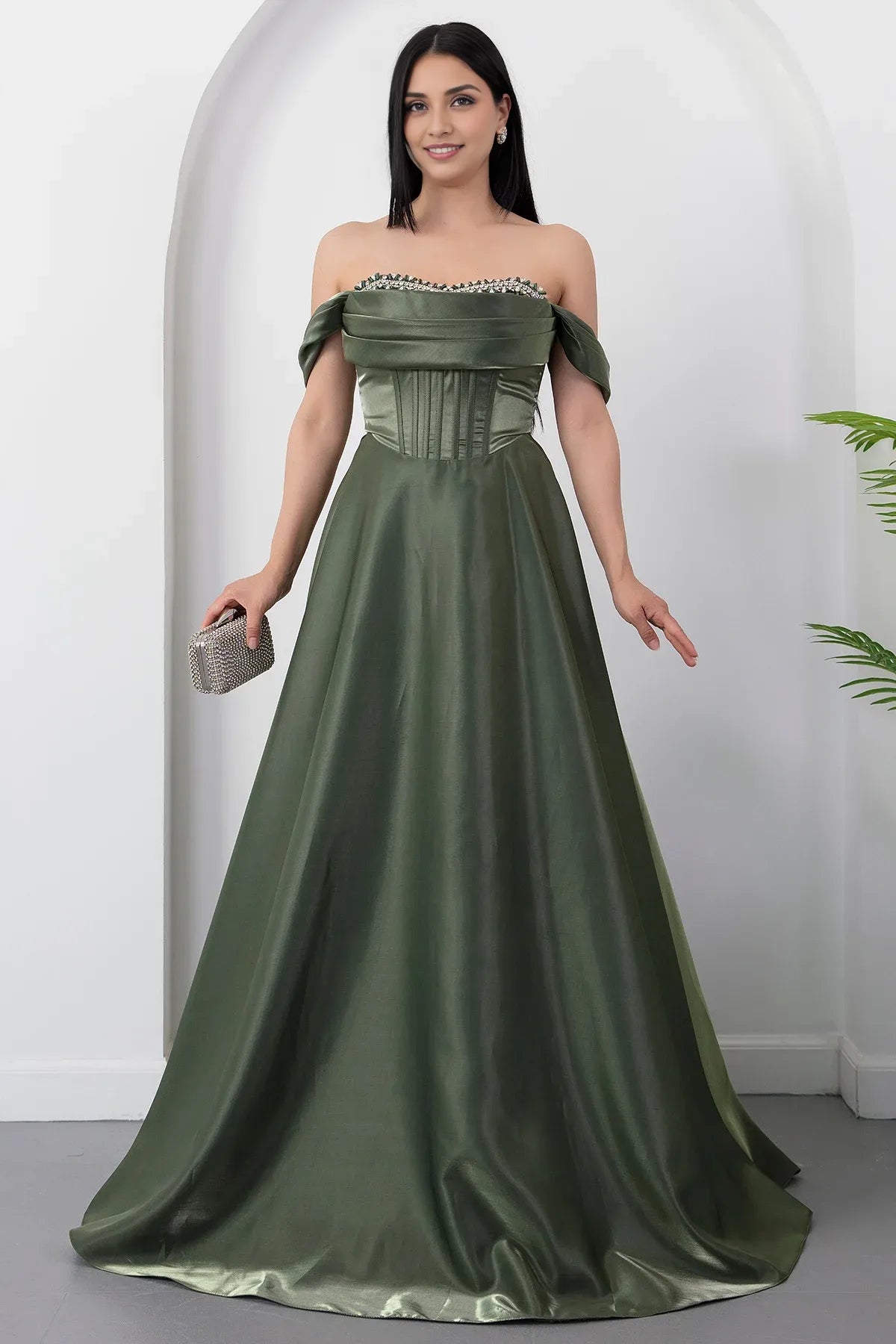 A-Line Off-Shoulder Satin Formal Evening Dress with Rhinestone Embellished Bust