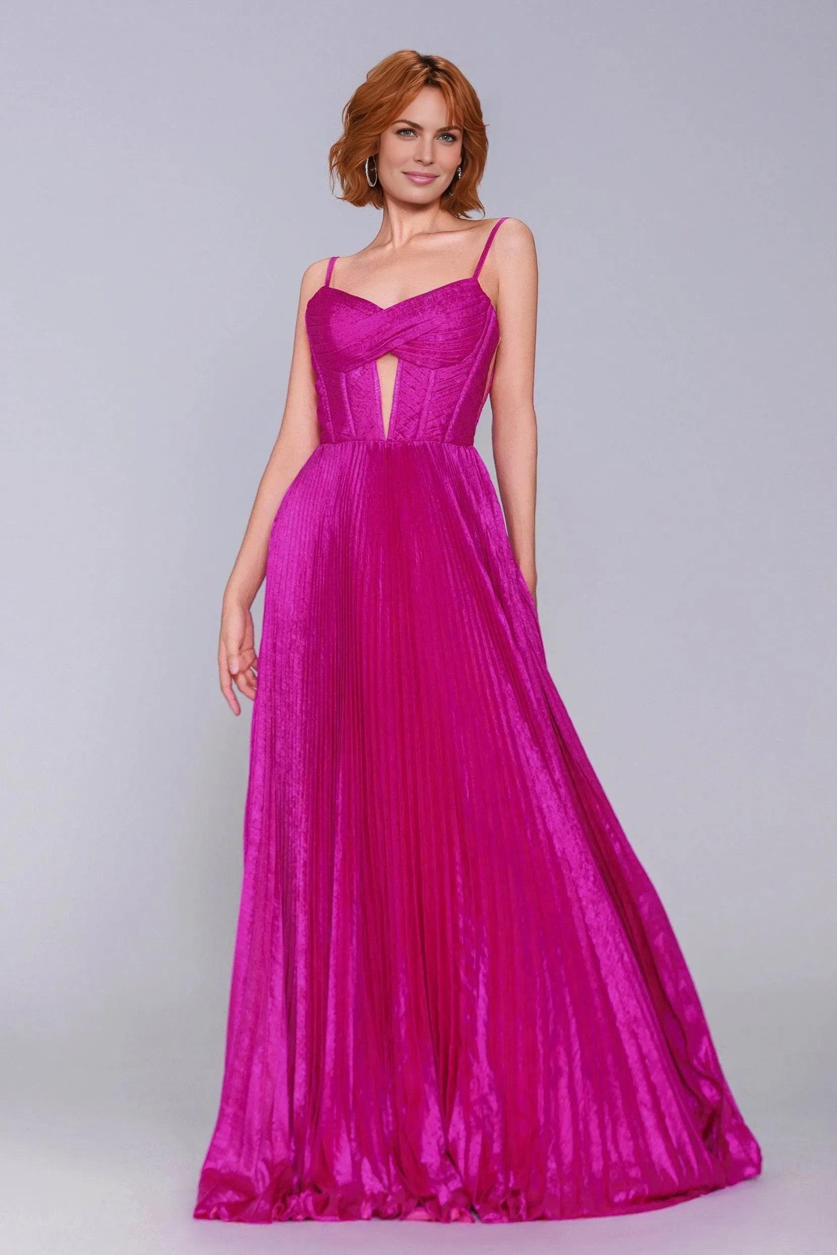 Striking A-Line Spaghetti Strap Pleated Metallic Keyhole Prom Gown