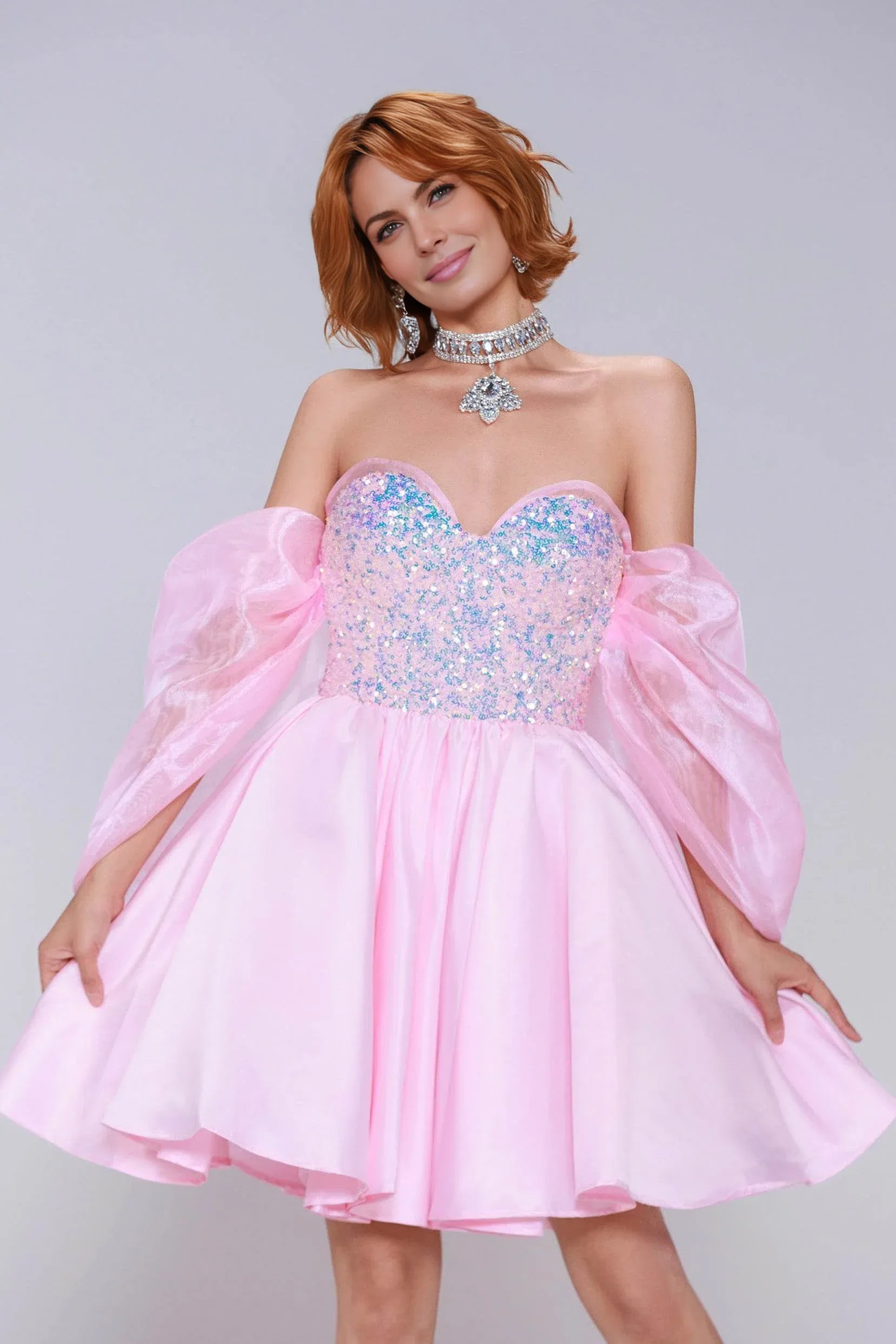 A-line Princess Sweetheart Off-Shoulder Organza Sequin Homecoming Dress