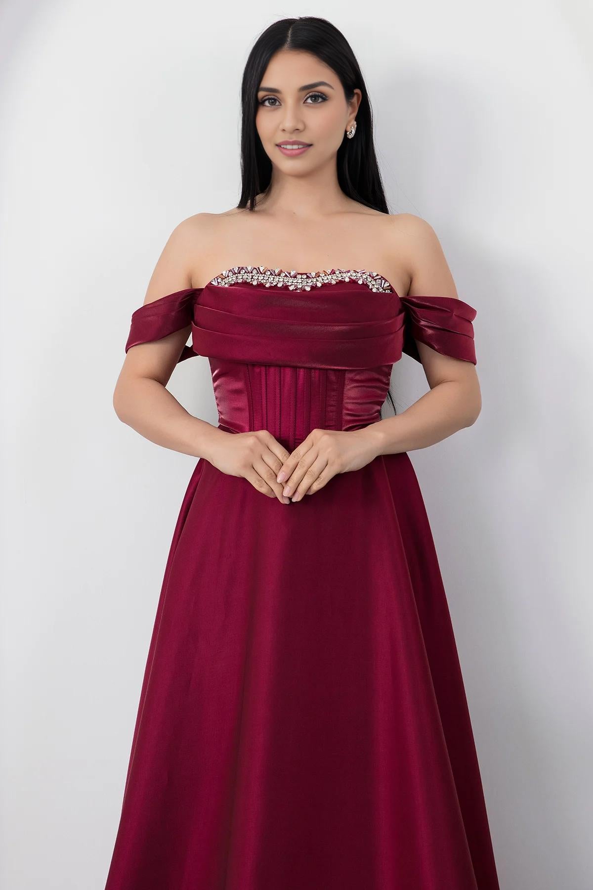 A-Line Off-Shoulder Satin Formal Evening Dress with Rhinestone Embellished Bust