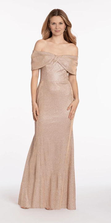 Elegant Mermaid OffShoulder ShortSleeve Glitter FloorLength TwistFront ZipBack Formal Mother of the Bride Dress
