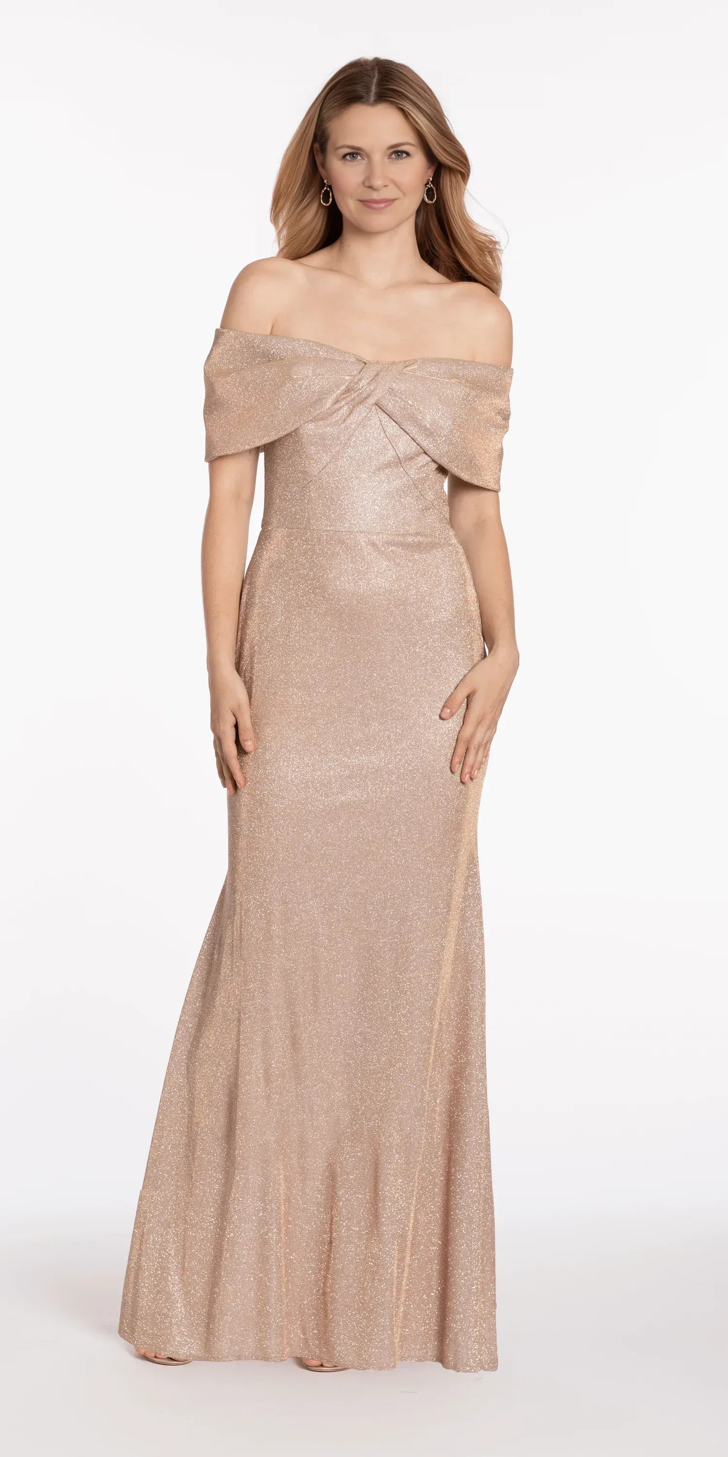 Elegant Mermaid OffShoulder ShortSleeve Glitter FloorLength TwistFront ZipBack Formal Mother of the Bride Dress