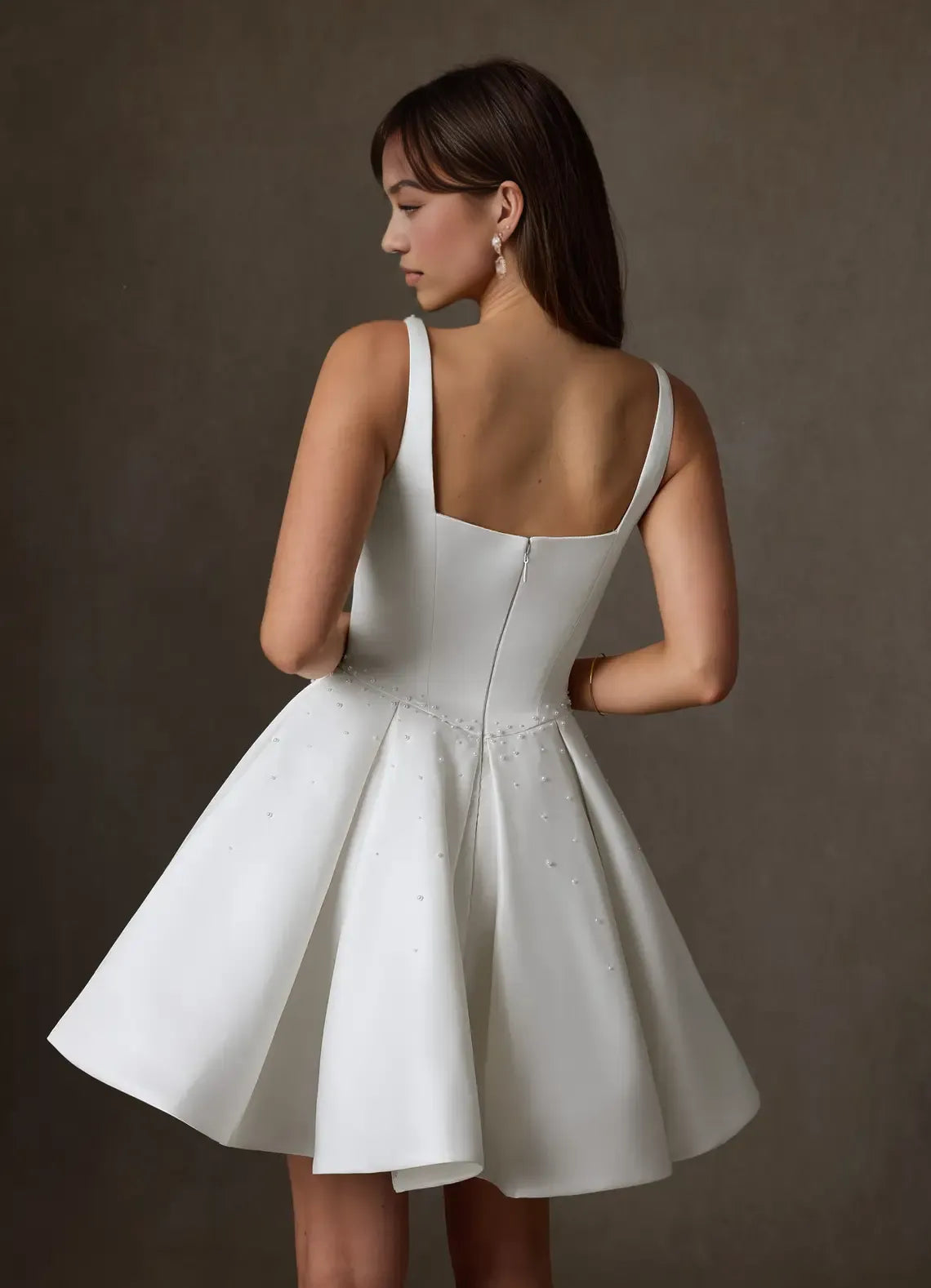 Lovely A-line Sweetheart Spaghetti Satin Mini Party Dress Beaded Back Zip Wedding Dress