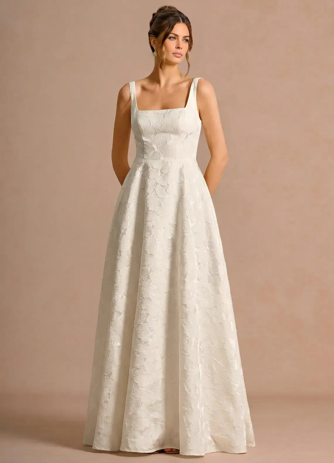 Elegant A-line Square Sleeveless Jacquard Maxi Lace-up Back Wedding Guest Dress