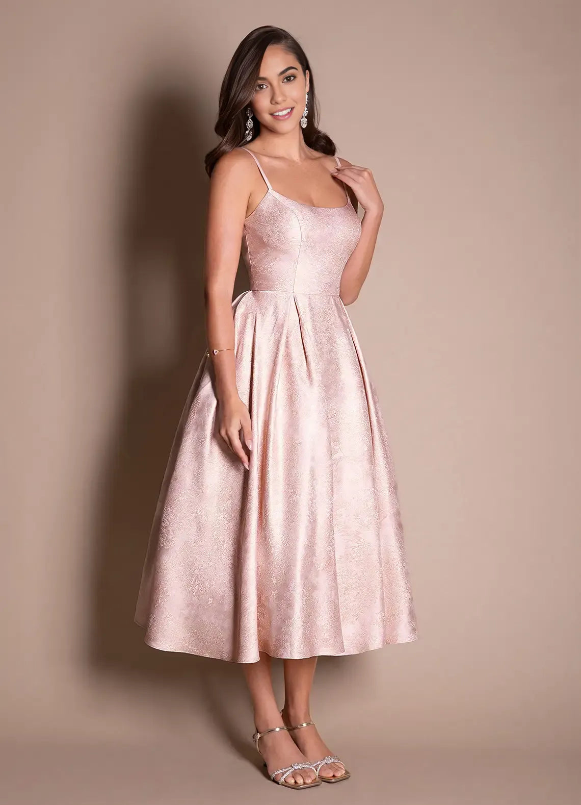 Elegant A-line Scoop Sleeveless Jacquard Satin Midi Back Zip Formal Wedding Guest Dress