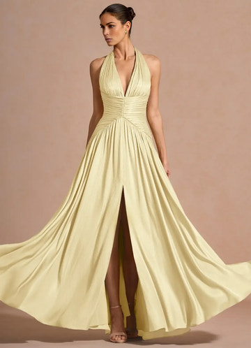 Elegant A-line Halter Sleeveless Maxi Lace-up Slit Formal Wedding Guest Dress