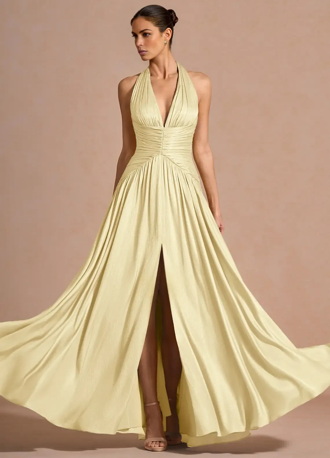 Elegant A-line Halter Sleeveless Maxi Lace-up Slit Formal Wedding Guest Dress