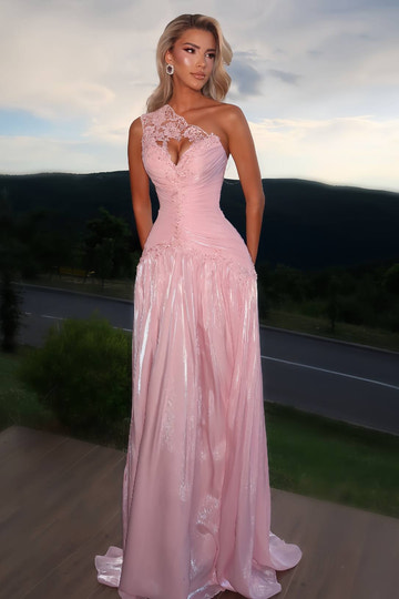Dreamy A-Line Asymmetric One-Shoulder Open Back Floor-Length Prom Dress