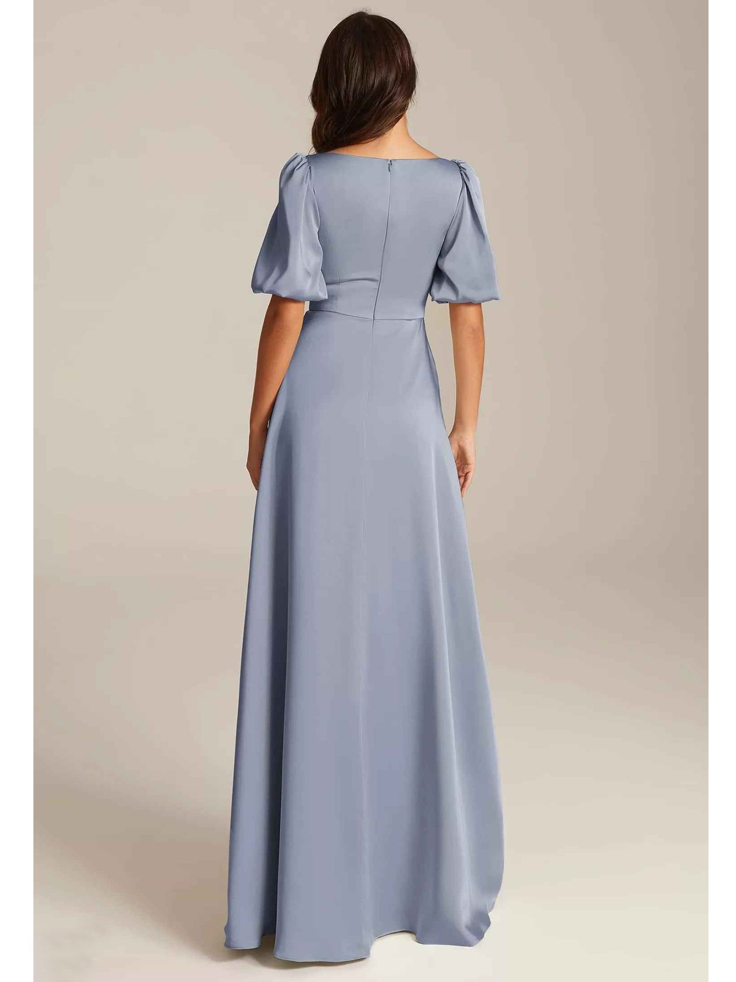 Square Neck Puff Sleeve Satin A-Line Bridesmaid Maxi Dress with Side Slit