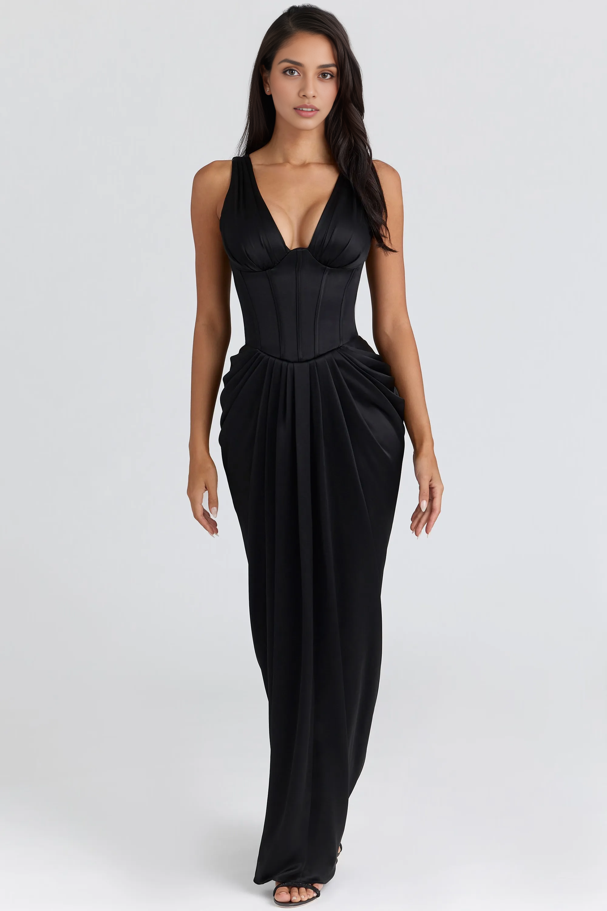 Formal Sheath Plunge V-Neck Sleeveless Satin Corset Evening Dress