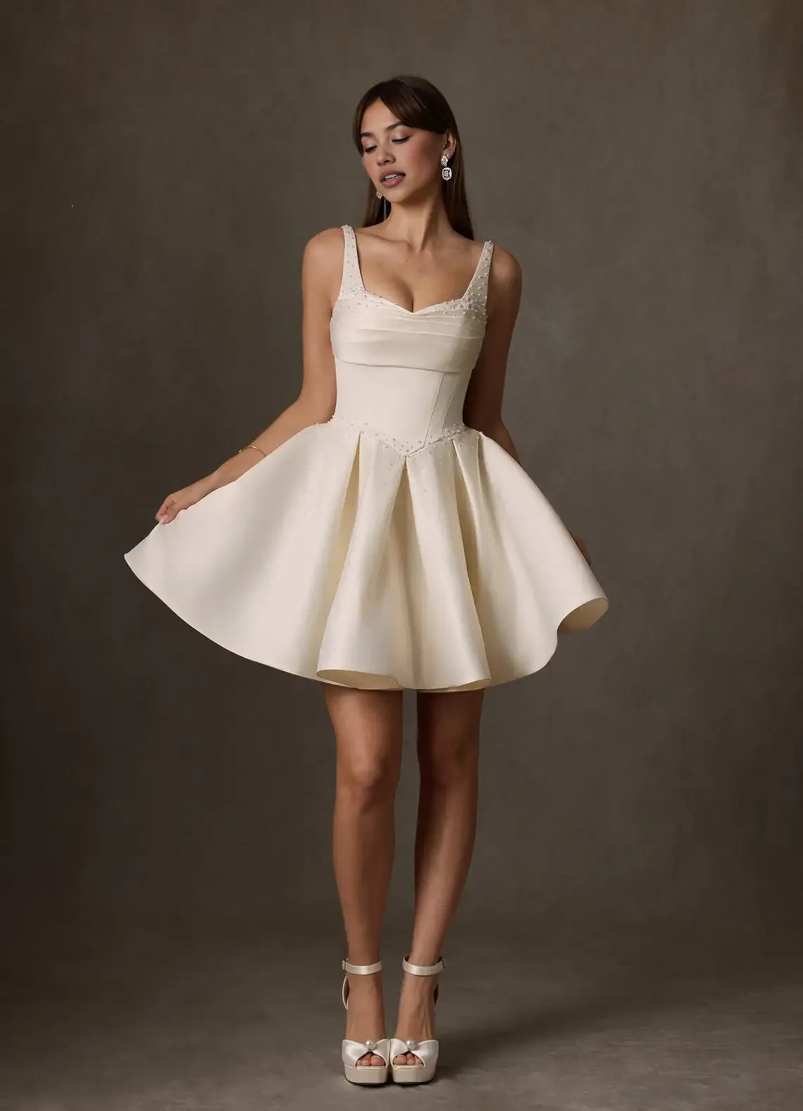 Lovely A-line Sweetheart Spaghetti Satin Mini Party Dress Beaded Back Zip Wedding Dress