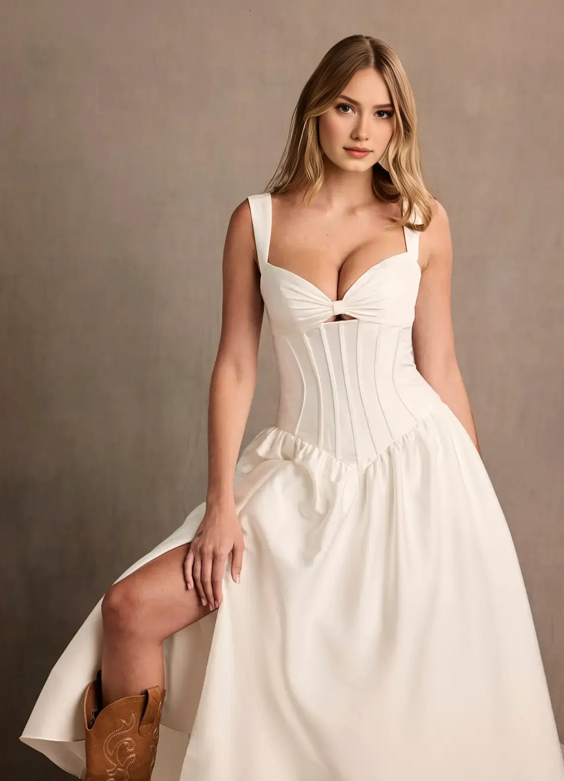 Aline Sweetheart Sleeveless Satin Midi Length Split Laceup Corset Dropped Waist Party Dress