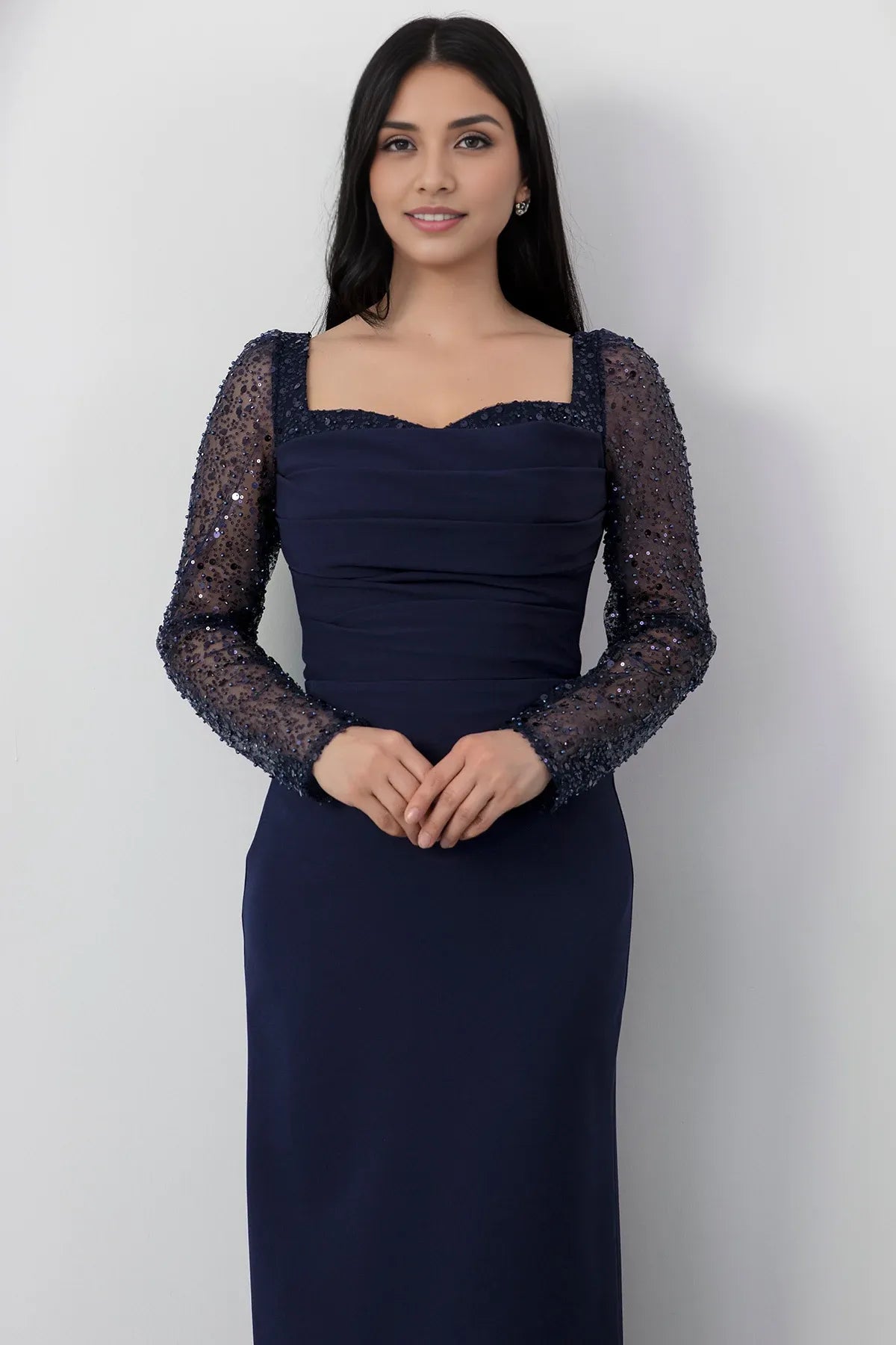 Sophisticated Sheath Square Neck Long Sleeve Sequin Mesh Formal Evening Dress