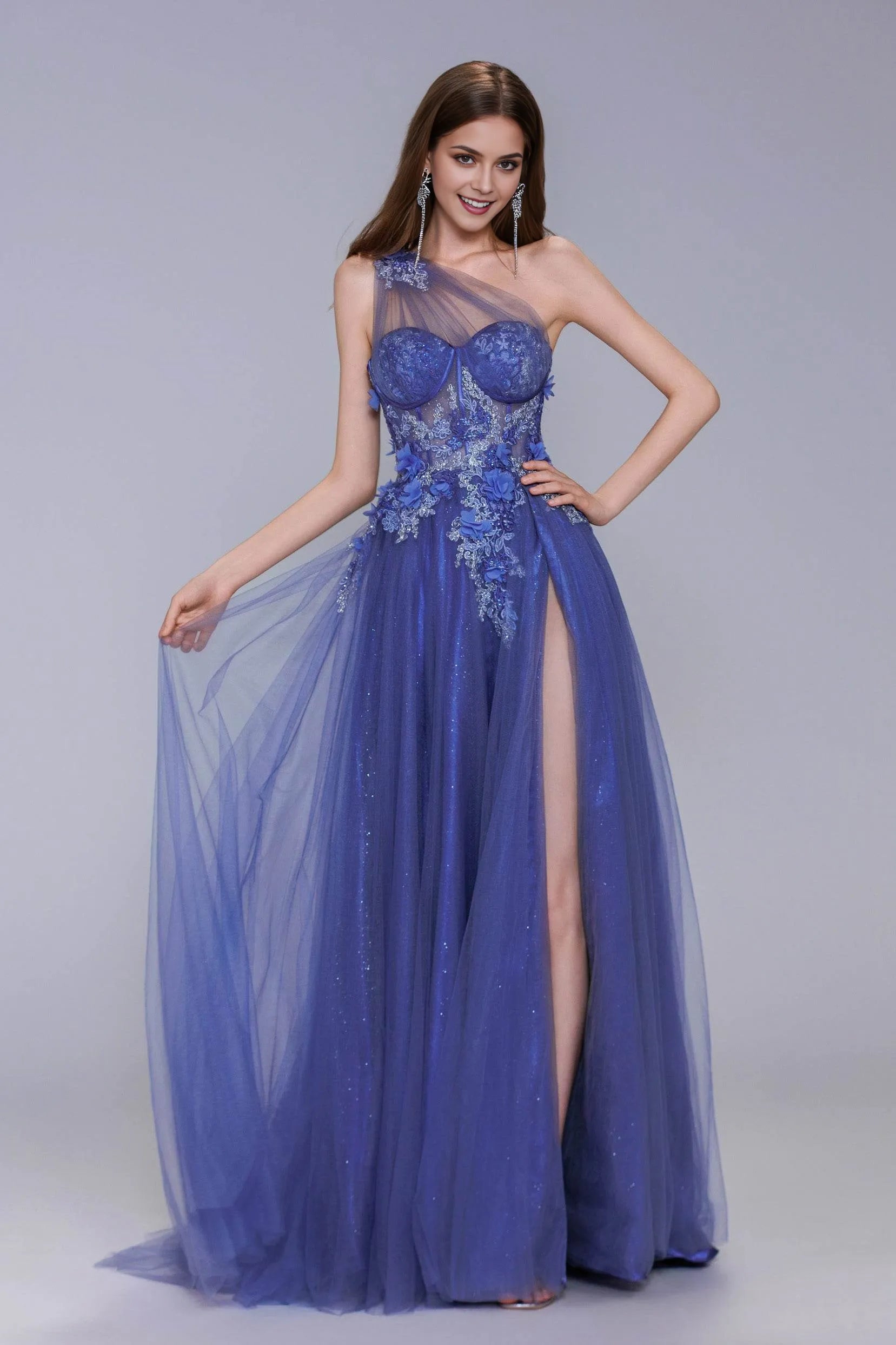 Radiant A-Line One-Shoulder Tulle Appliqué Sweep-Brush Train Prom Gown with Slit