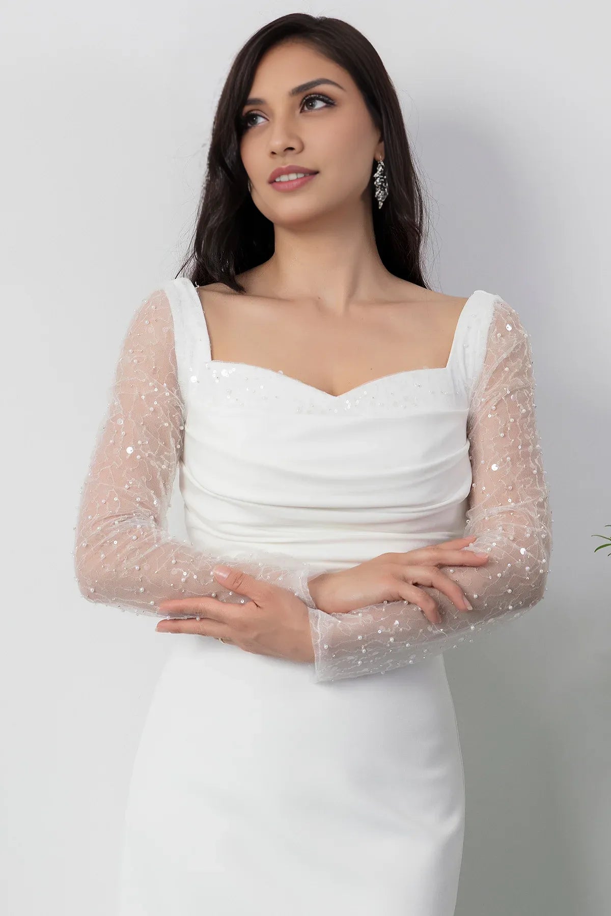 Sophisticated Sheath Square Neck Long Sleeve Sequin Mesh Formal Evening Dress
