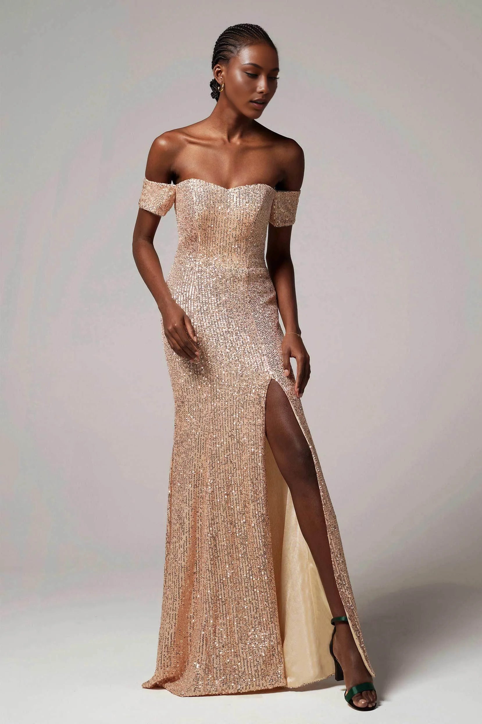 Radiant Sheath-Column Sweetheart Off-Shoulder Sequin Slit Evening Dress