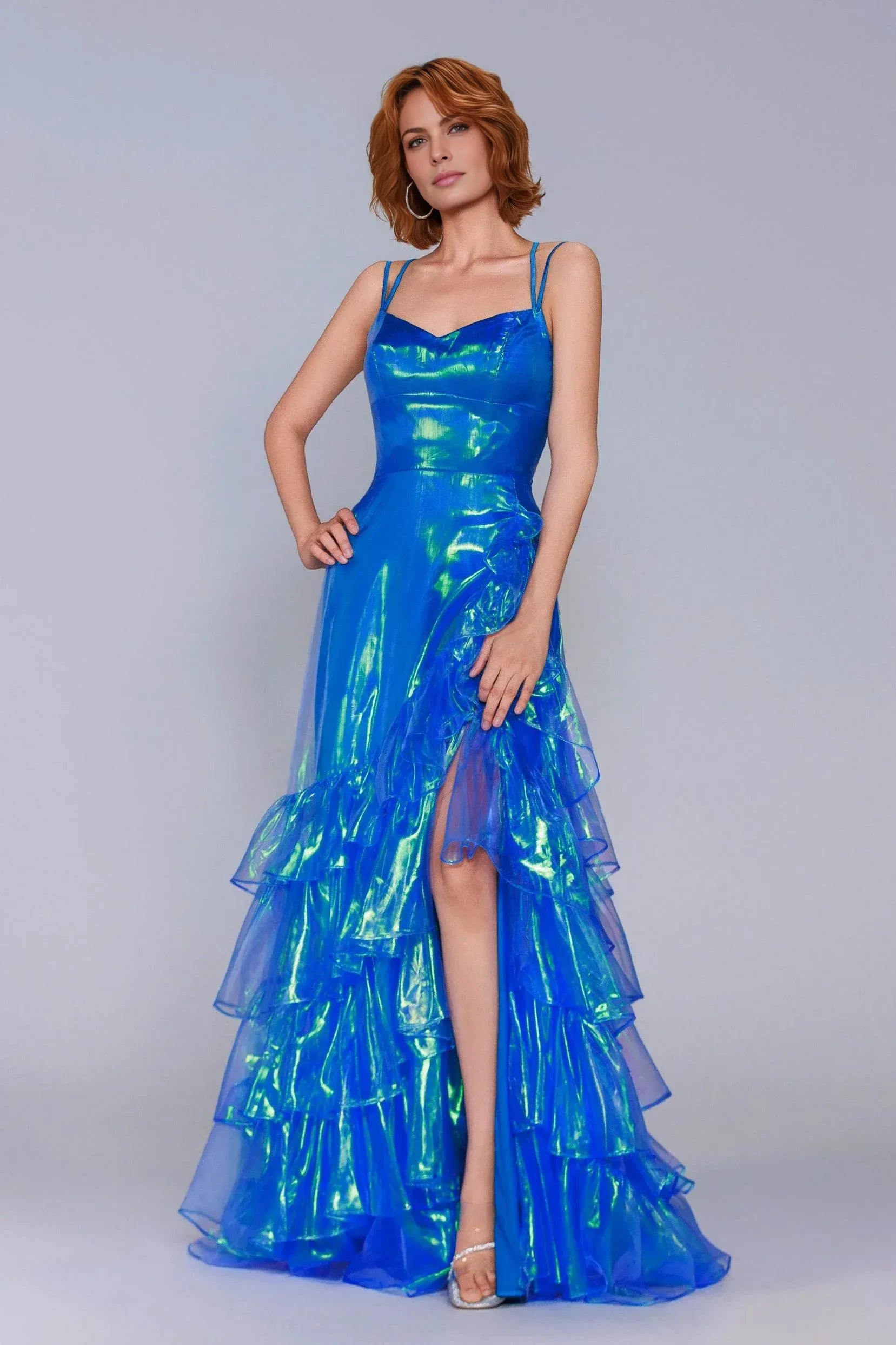 Statement A-Line Spaghetti Strap Iridescent Organza Ruffle Prom Gown Evening Dress