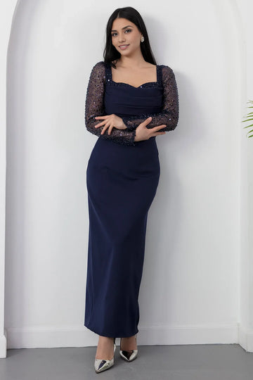 Sophisticated Sheath Square Neck Long Sleeve Sequin Mesh Formal Evening Dress