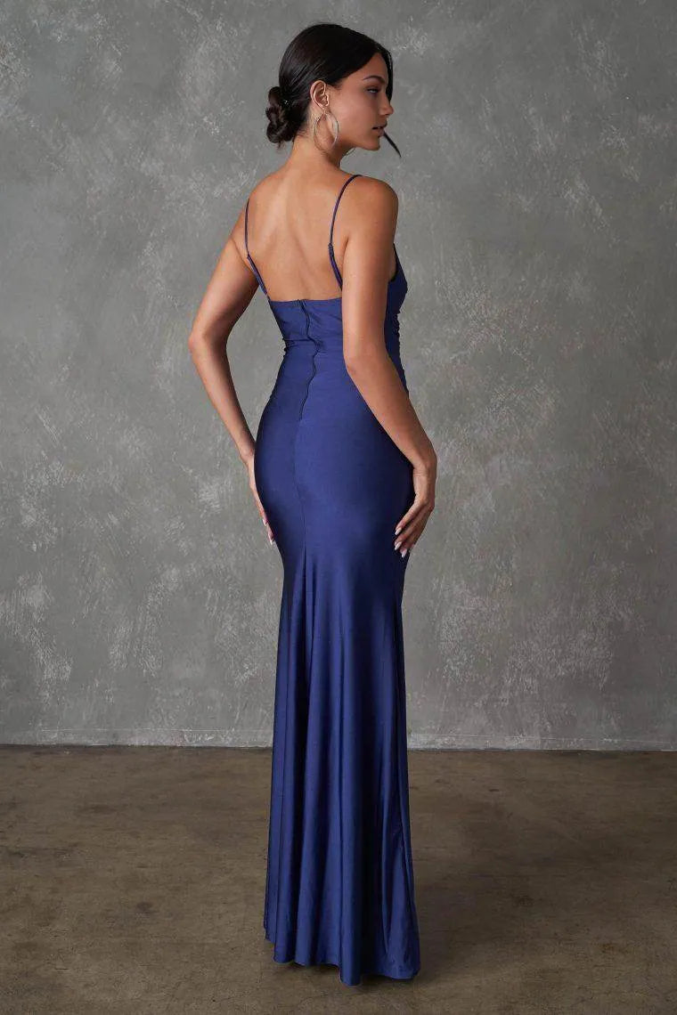 Sleek Sheath V-Neck Sleeveless Ruched Slit Floor Length Evening Dress