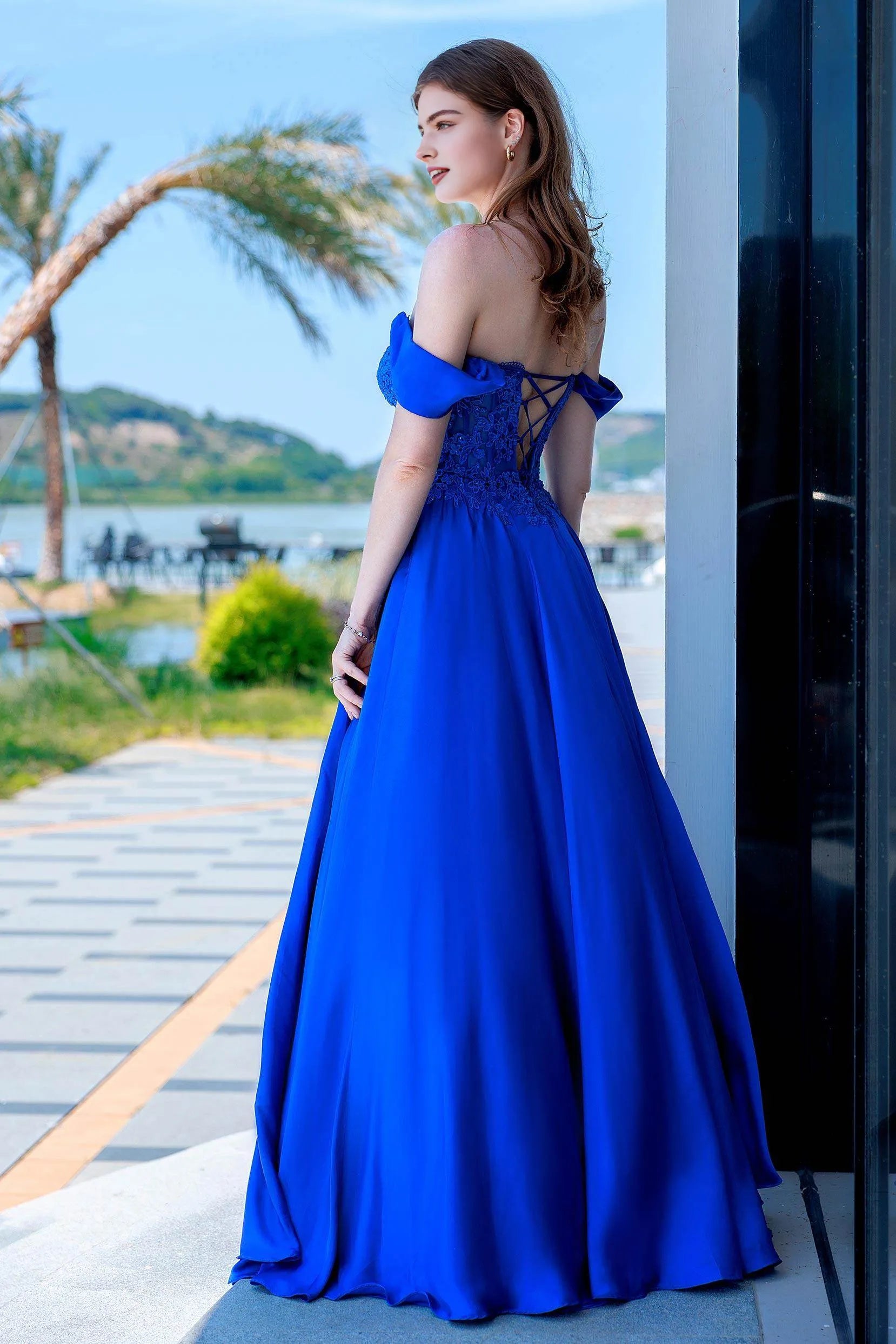 Romantic A-Line Sweetheart Off-Shoulder Satin Appliqué Chiffon Prom Gown with Slit