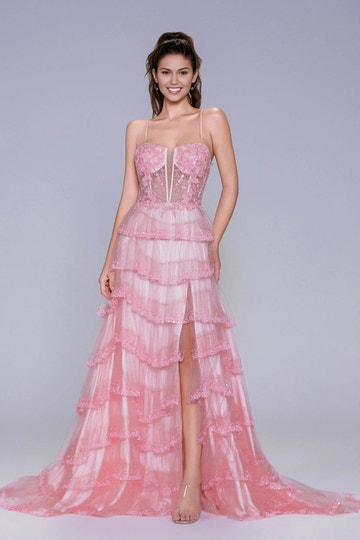 A-line evening gown with plunge neckline, spaghetti straps, appliqué illusion bodice, tiered tulle skirt, and front slit
