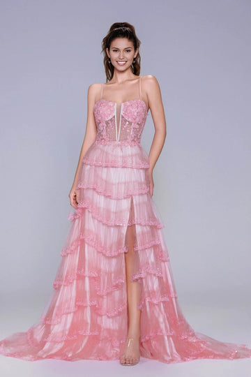 A-line evening gown with plunge neckline, spaghetti straps, appliqué illusion bodice, tiered tulle skirt, and front slit