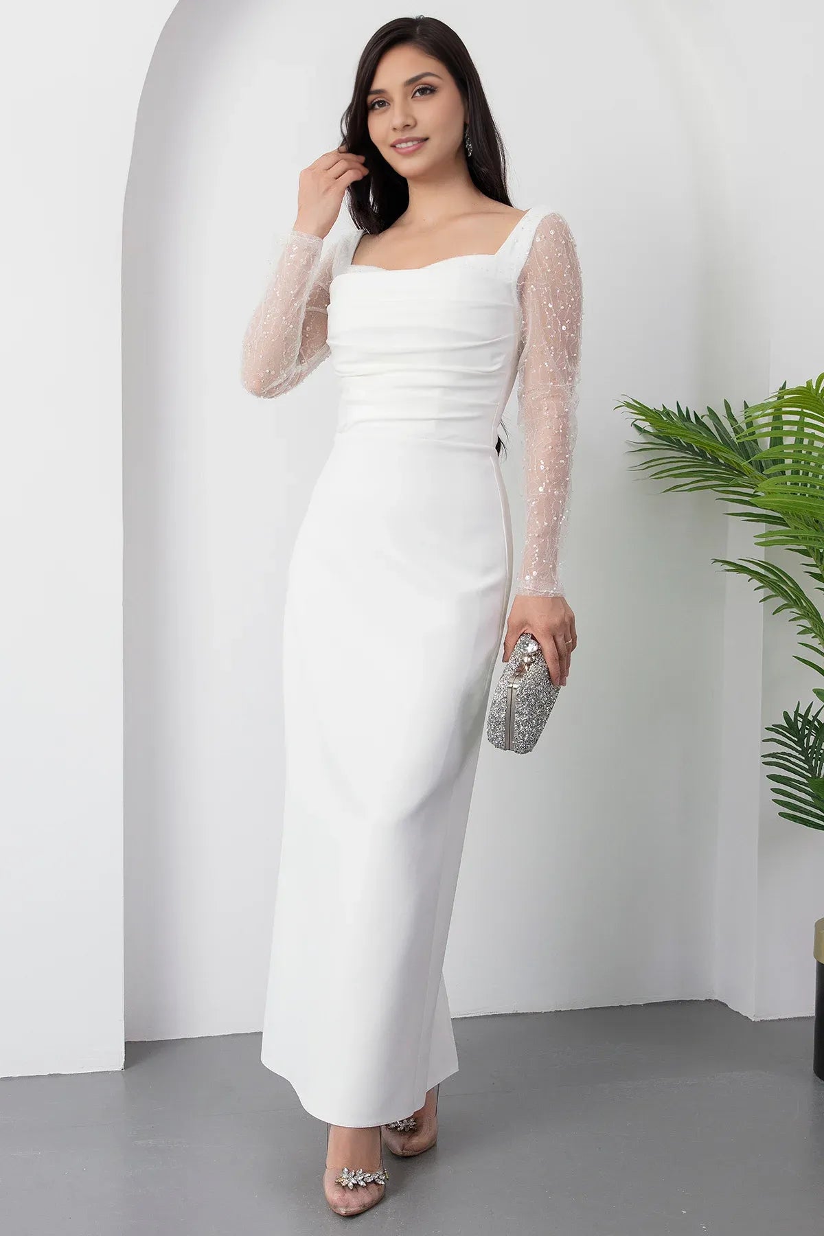 Sophisticated Sheath Square Neck Long Sleeve Sequin Mesh Formal Evening Dress