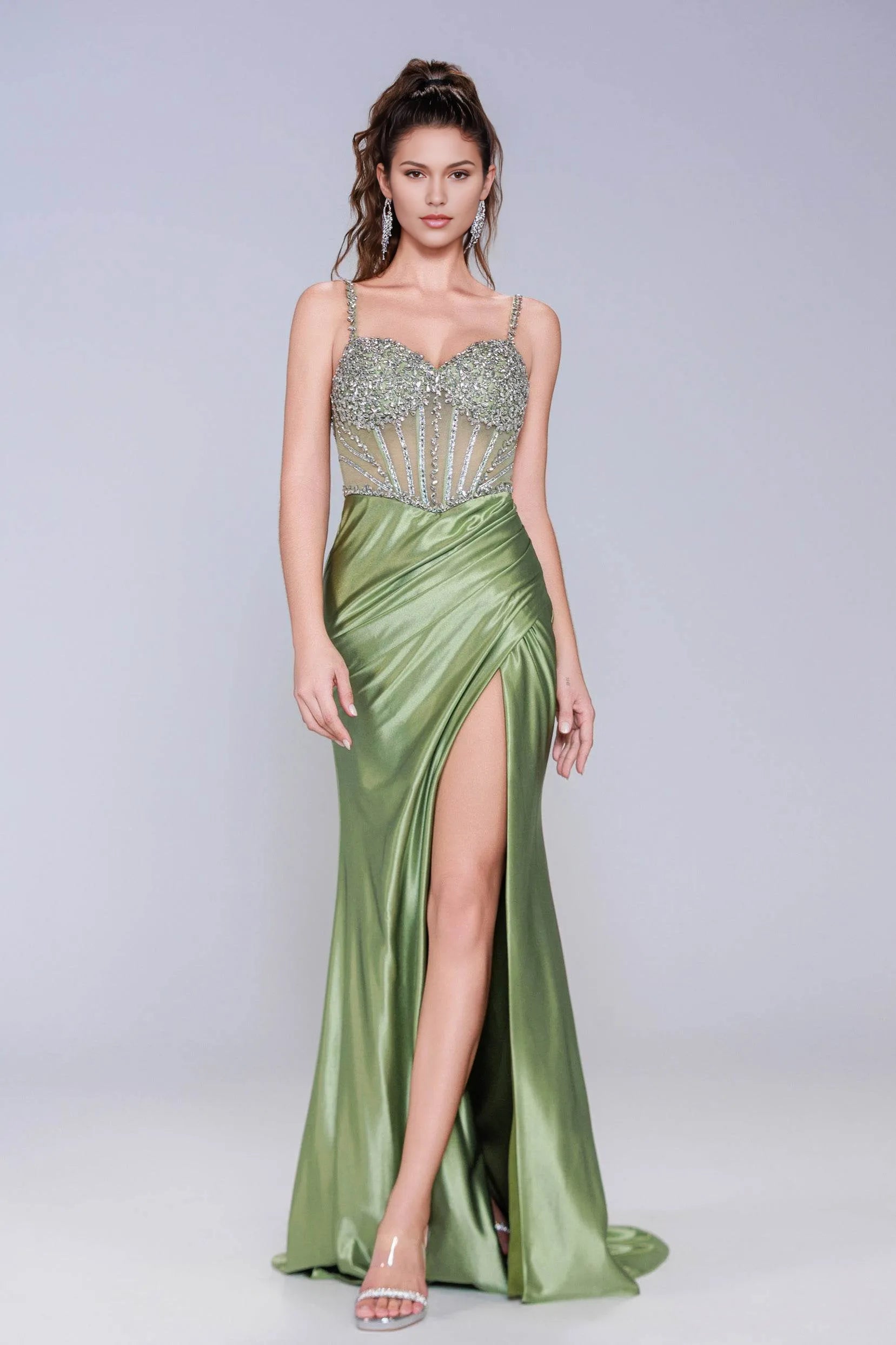 Sophisticated Sheath Spaghetti Strap Satin Rhinestone Sweep-Brush Train Evening Gown with Slit