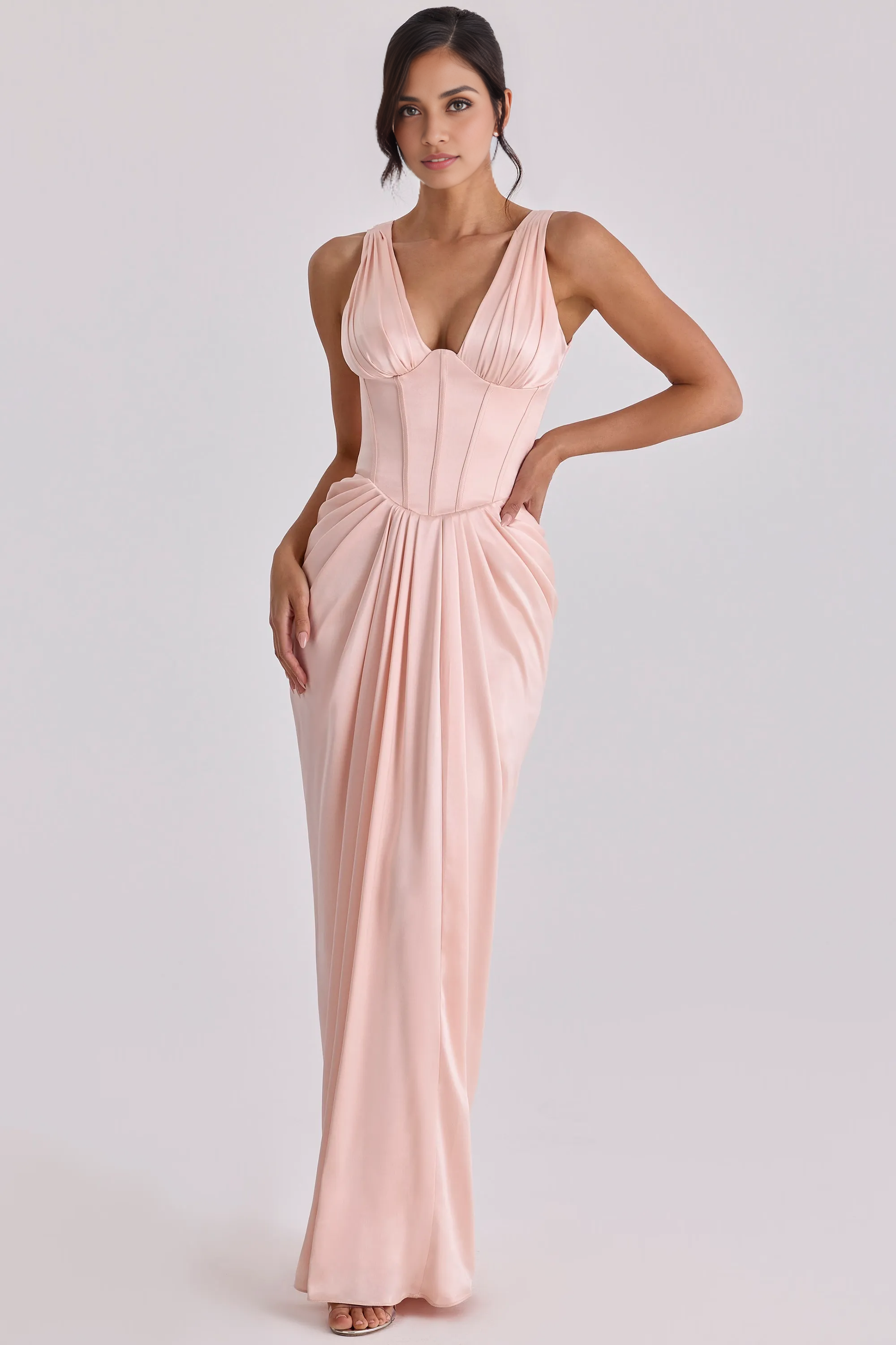 Formal Sheath Plunge V-Neck Sleeveless Satin Corset Evening Dress