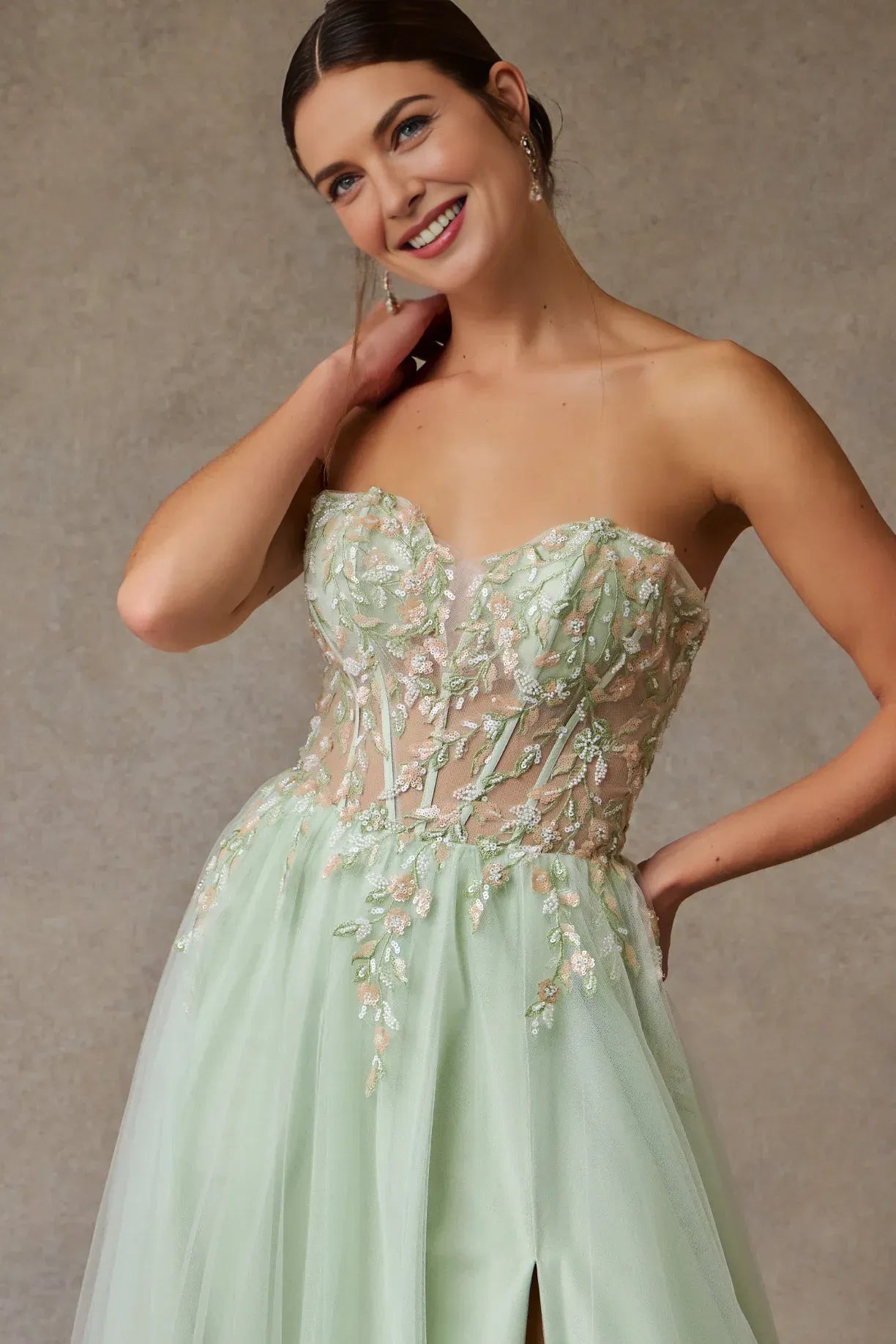 Whimsical A-Line Sweetheart Strapless Tulle Long Floral Slit Prom Dress