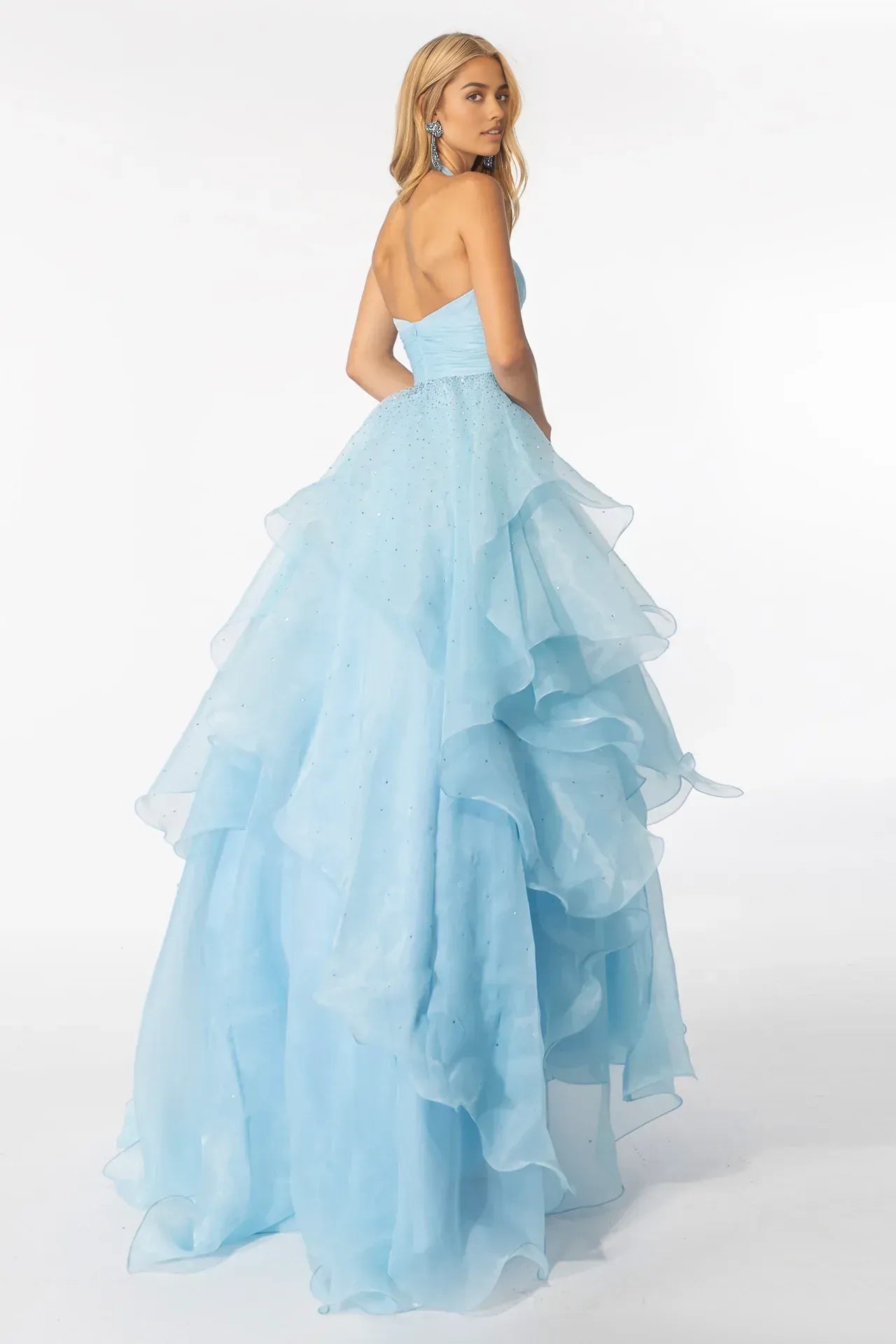 Dreamy A-line Princess Halter Deep V Sleeveless Organza Layered Ruffled Prom Dress