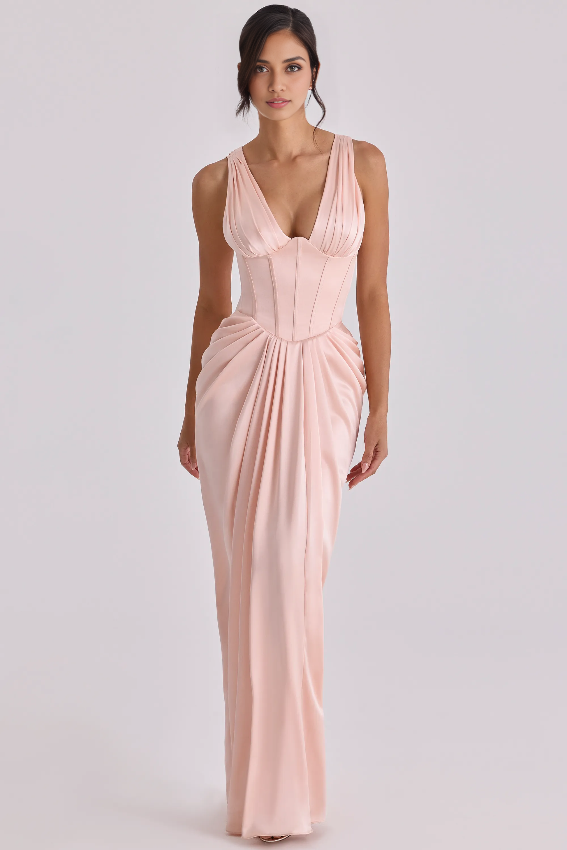 Formal Sheath Plunge V-Neck Sleeveless Satin Corset Evening Dress