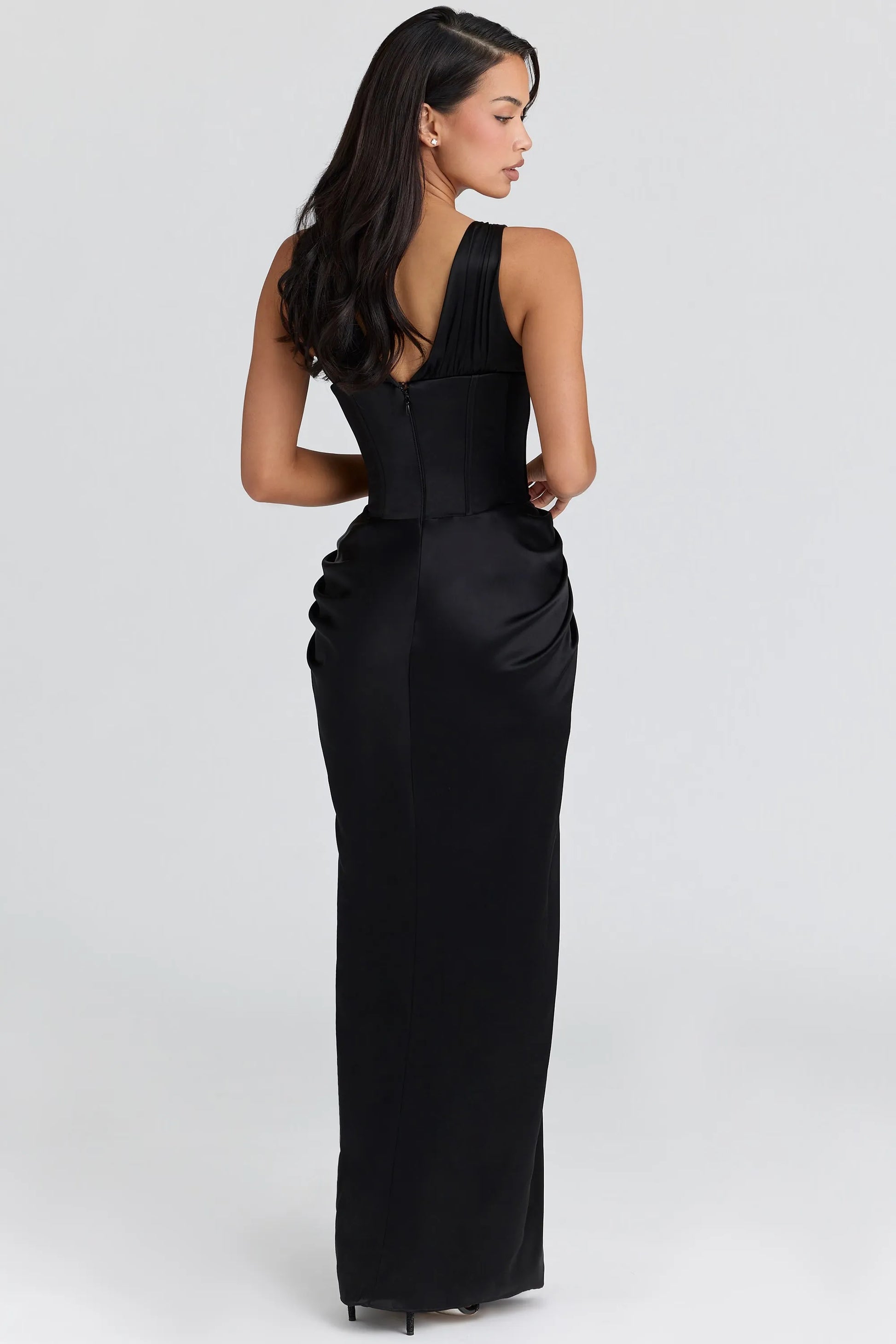 Formal Sheath Plunge V-Neck Sleeveless Satin Corset Evening Dress