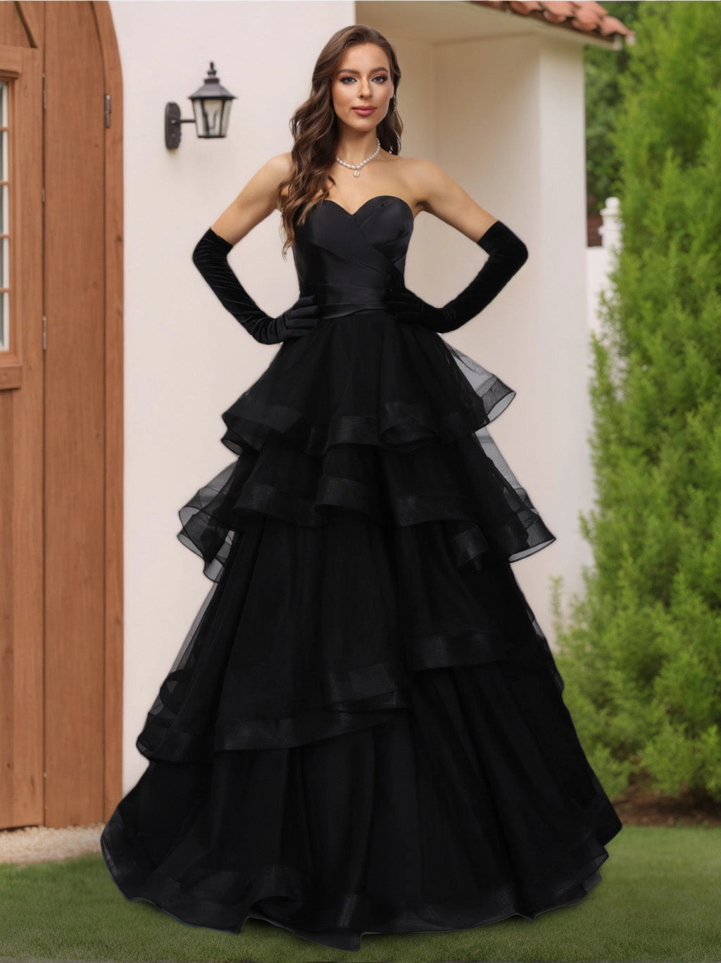 Vedress elegant black a line sweetheart strapless tiered tulle floor length wedding dress for gothic bride