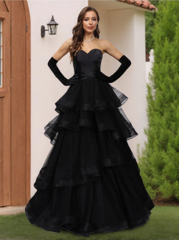 Vedress elegant black a line sweetheart strapless tiered tulle floor length wedding dress for gothic bride