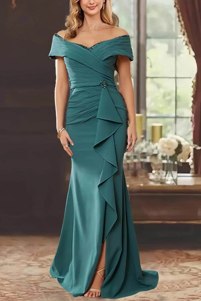 Chic Mermaid Off Shoulder Zip Back Slit Floor Length Mother Of The Bride Dress
