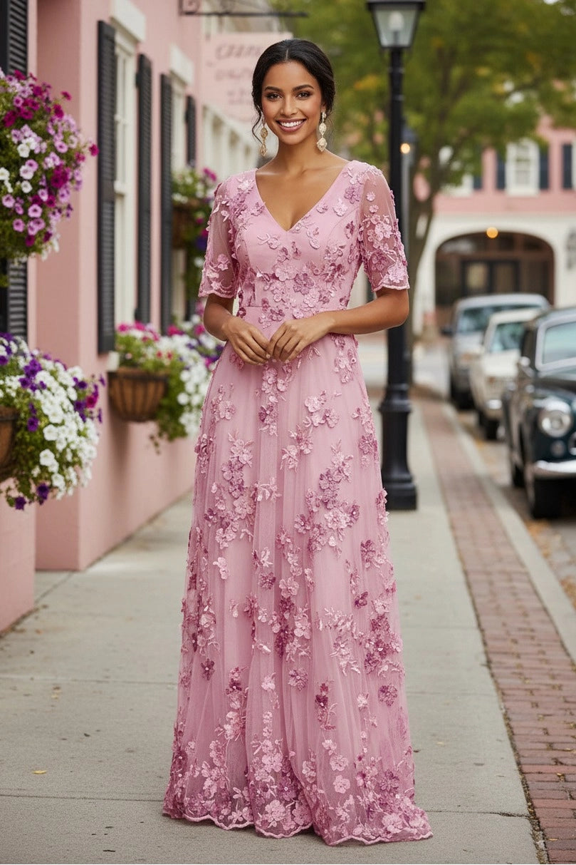 Dusty Rose A-line V-neck Elbow Sleeve V-back Long Mother of Bride Dress