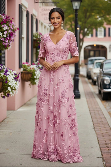 Dusty Rose A-line V-neck Elbow Sleeve V-back Long Mother of Bride Dress