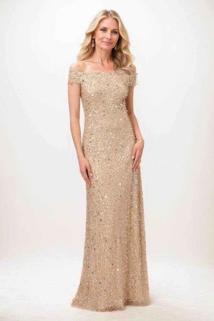Vedress champagne beaded mermaid floor length mother of the bride dress off shoulder short sleeve sparkly gown for evening wedding formal gala