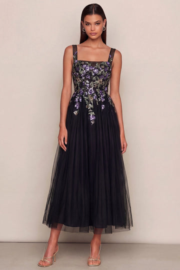 Square Neck Black Tulle Midi Dress Purple Floral Embroidery Spaghetti Straps Evening Guest Dress