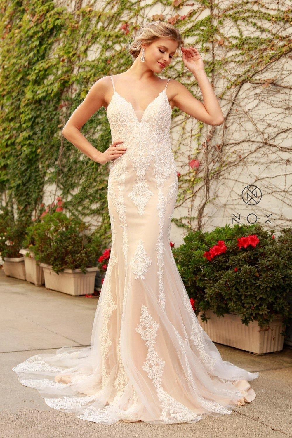 Vedress spaghetti strap lace mermaid wedding dress, deep v nude lining fit and flare bridal gown with sweep train, front view