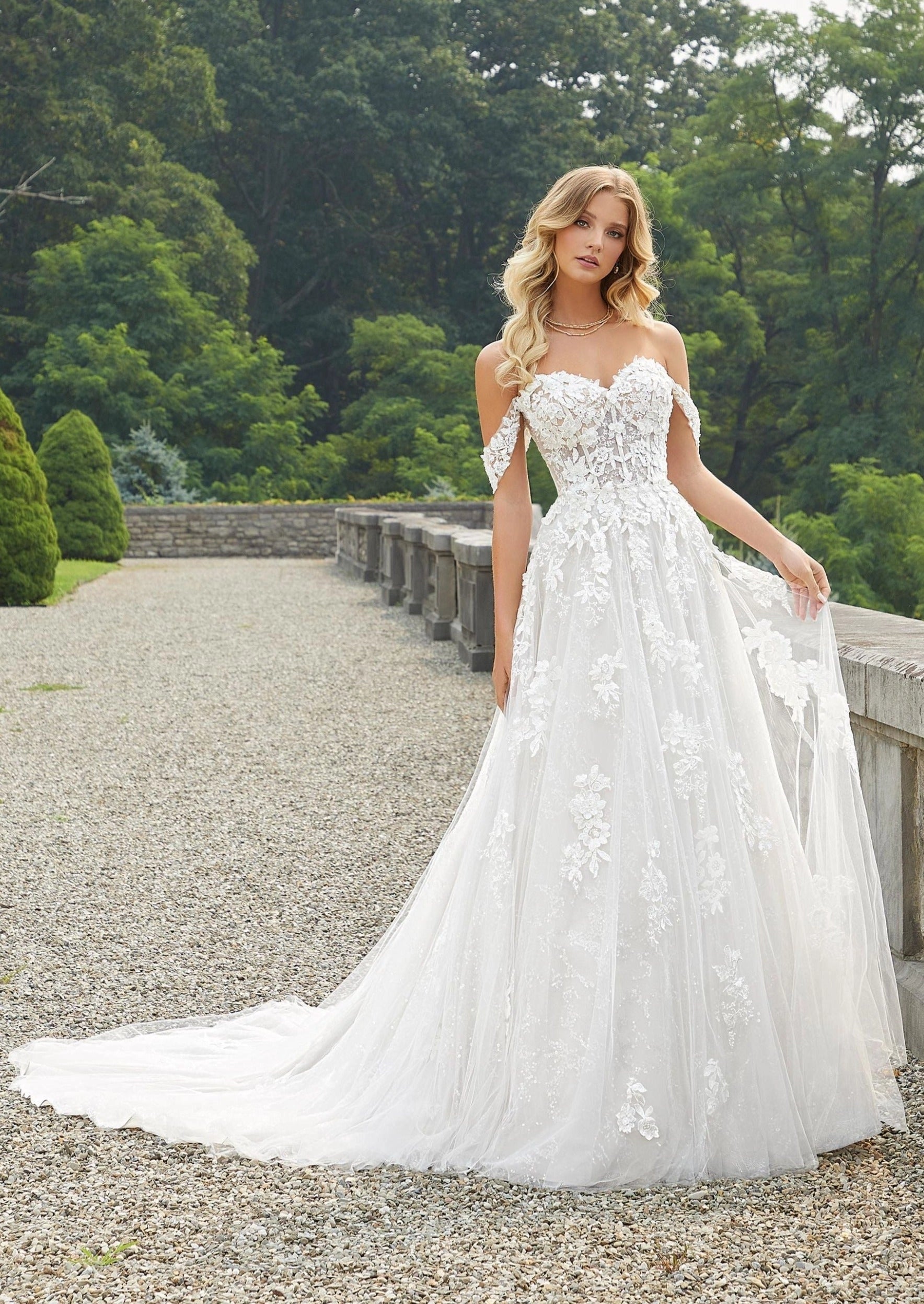 Vedress romantic a-line floral lace wedding dress off shoulder sweetheart neck chapel train bridal gown