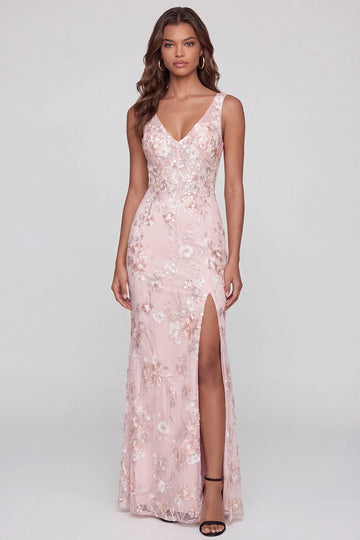 Blush Floral Mermaid V-Neck Sleeveless Deep V Back Slit Floor-Length Prom Dress